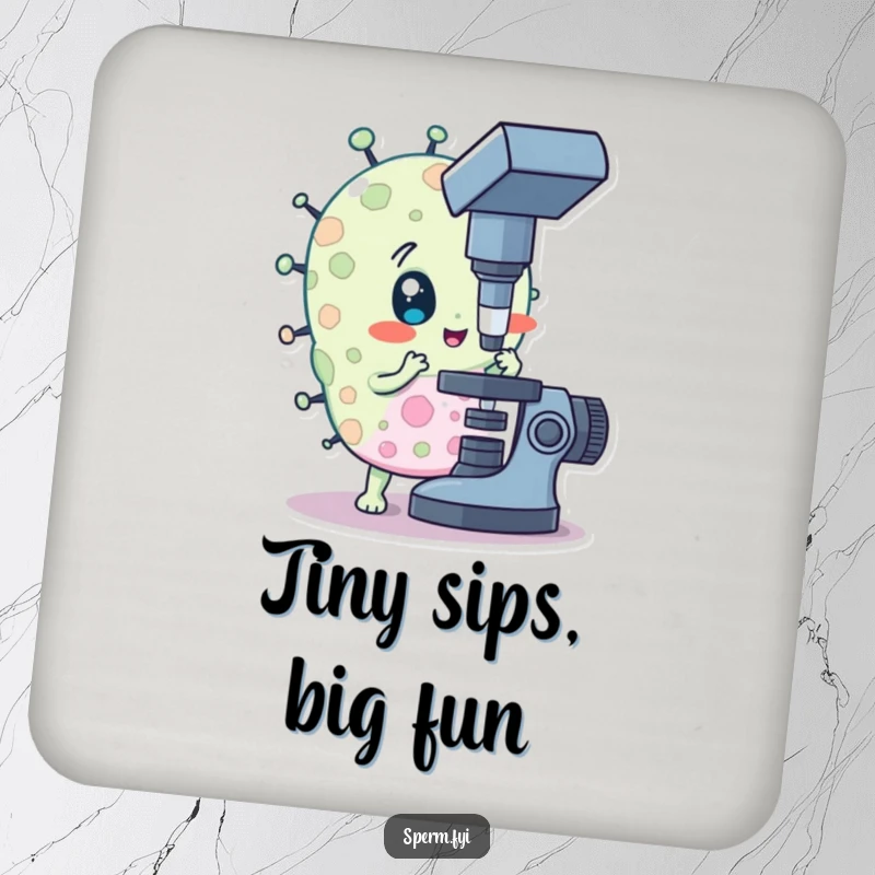 Funny drink coaster featuring a curious bacteria character with a microscope, perfect for surface protection.