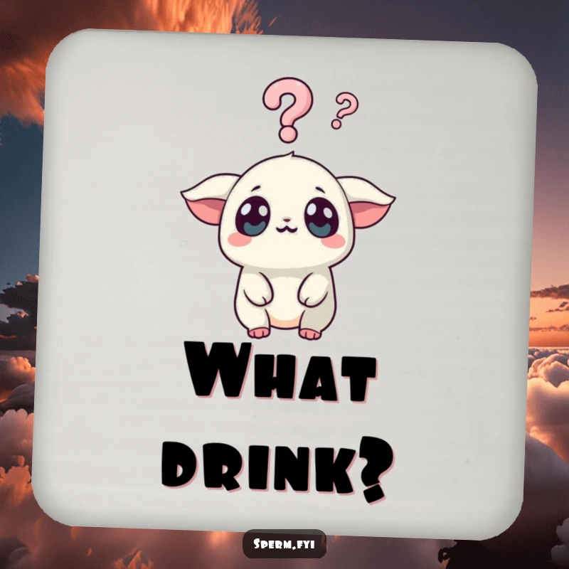 Funny Kawaii Creature Coaster: A Kawaii creature with wide eyes looks surprised at a question mark, a funny accent for drinks.