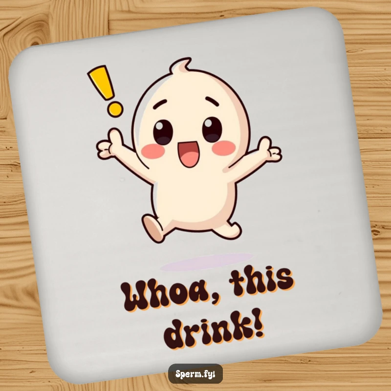 Funny kawaii exclamation point character jumping with surprise on a drink coaster.