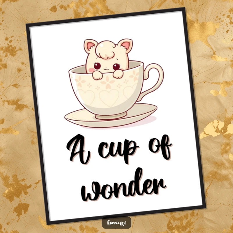 Funny curious character peeking out from inside a giant teacup, as charming wall art.