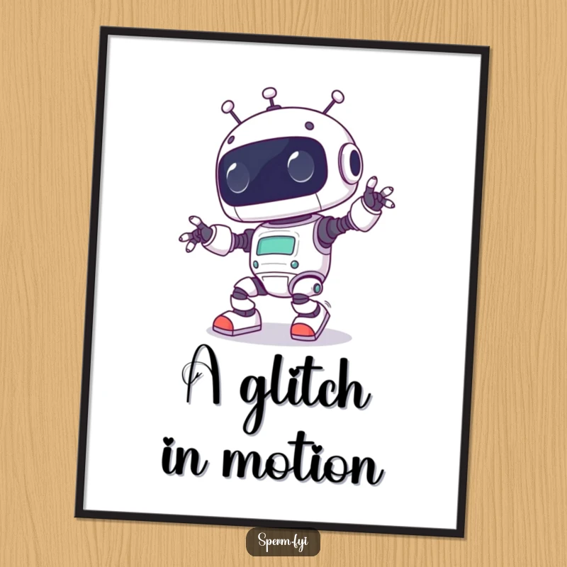 Funny Kawaii robot comically tripping over its own feet, showcased in a humorous poster print for amusing wall decor.