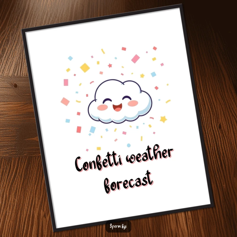 Funny poster featuring a happy cloud character giggling while raining confetti, adding vibrant and humorous decoration.
