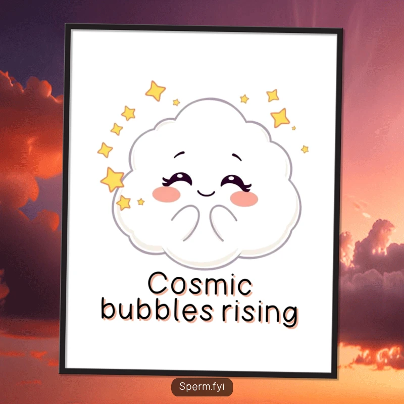 Funny poster art of a giggling galaxy cloud character blowing bubbles filled with stars, creating a whimsical and enchanting cosmic scene.