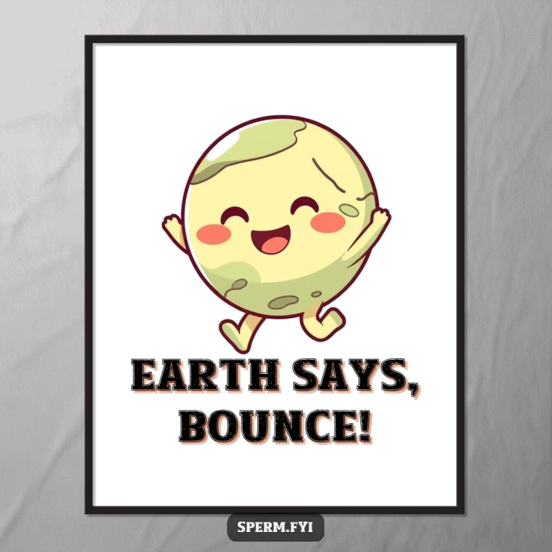 Funny poster art of a cute planet character joyfully hopping, adding a humorous and charming element to decor.