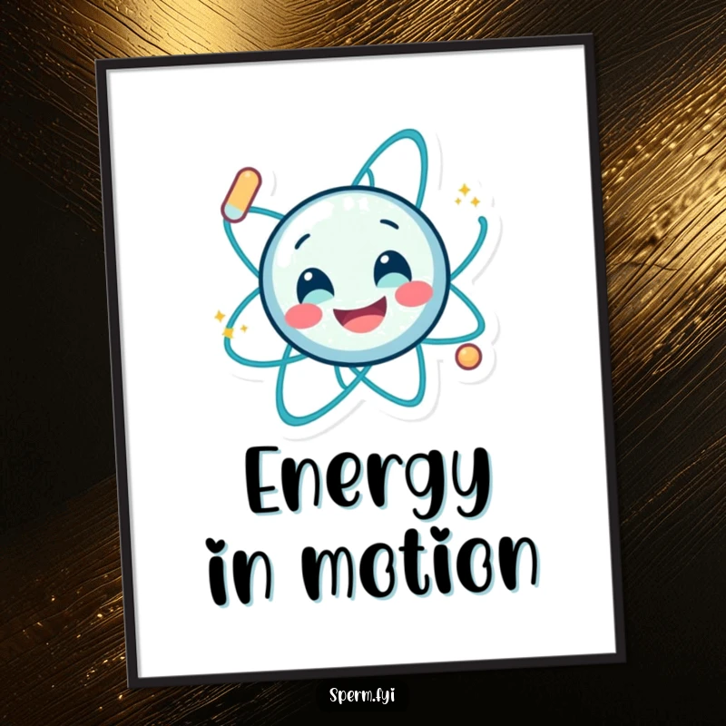 Funny poster featuring a smiling atom character spinning energetically, serving as vibrant and humorous scientific wall art.