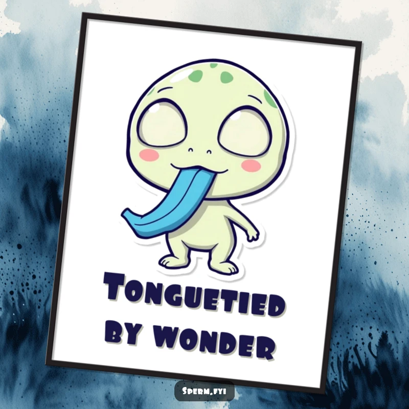 Funny alien poster, surprised expression, sticking out a long blue tongue, humorous wall art.