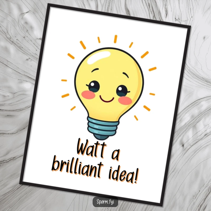 Funny poster art of a smiling lightbulb character radiating a bright idea, adding humor to decor.