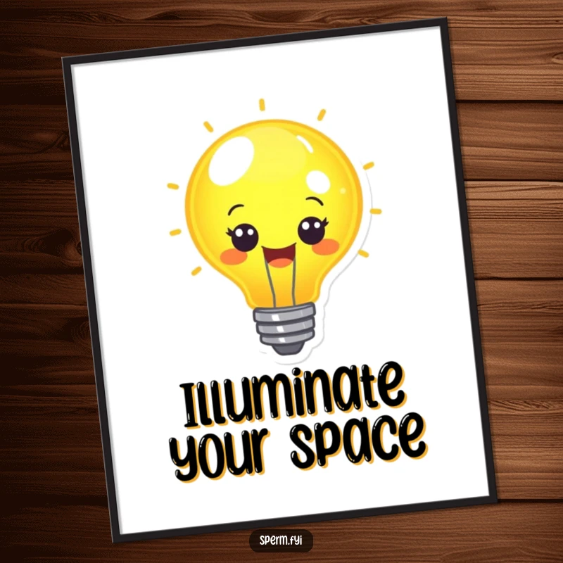 Funny cheerful lightbulb character shining brightly with a happy expression on a poster.