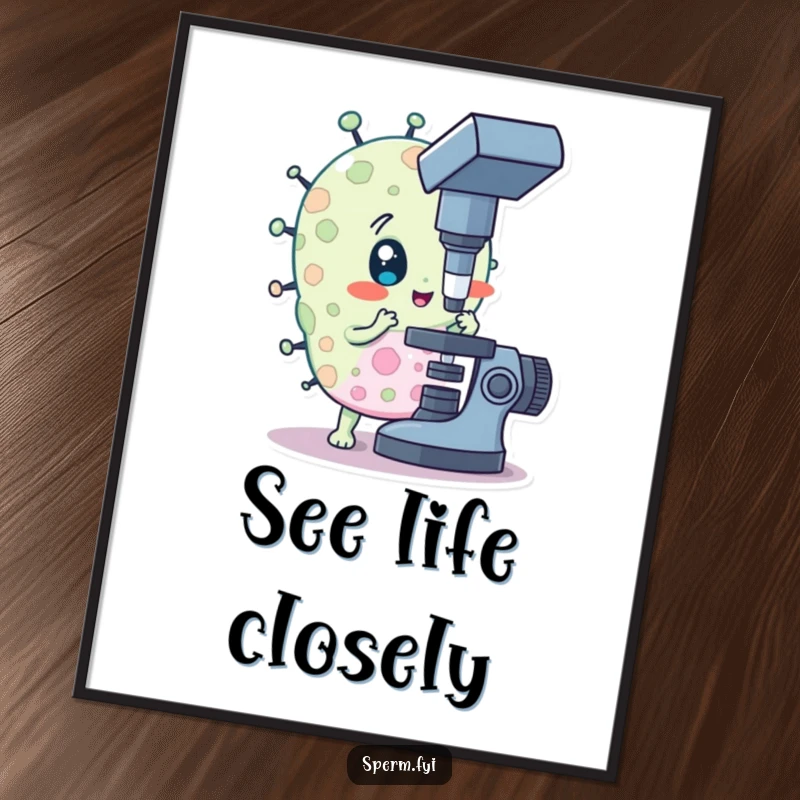 Funny poster art of a curious bacteria character peering through a microscope, ideal for science decor.