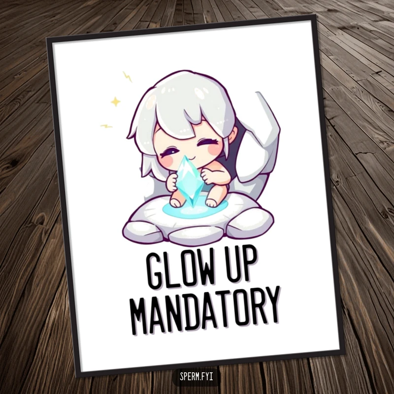 Funny poster of a whimsical character discovering a sparkling hidden gem, adding magic and humor to decor.