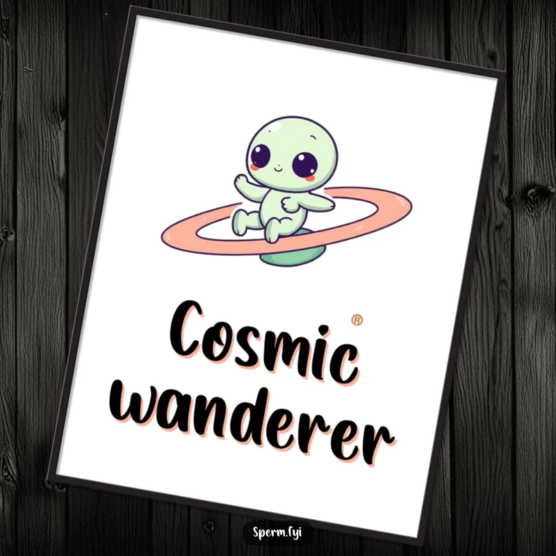 Funny Kawaii alien energetically zipping around a spinning planet, captured in a vibrant poster print for humorous, uplifting wall art.