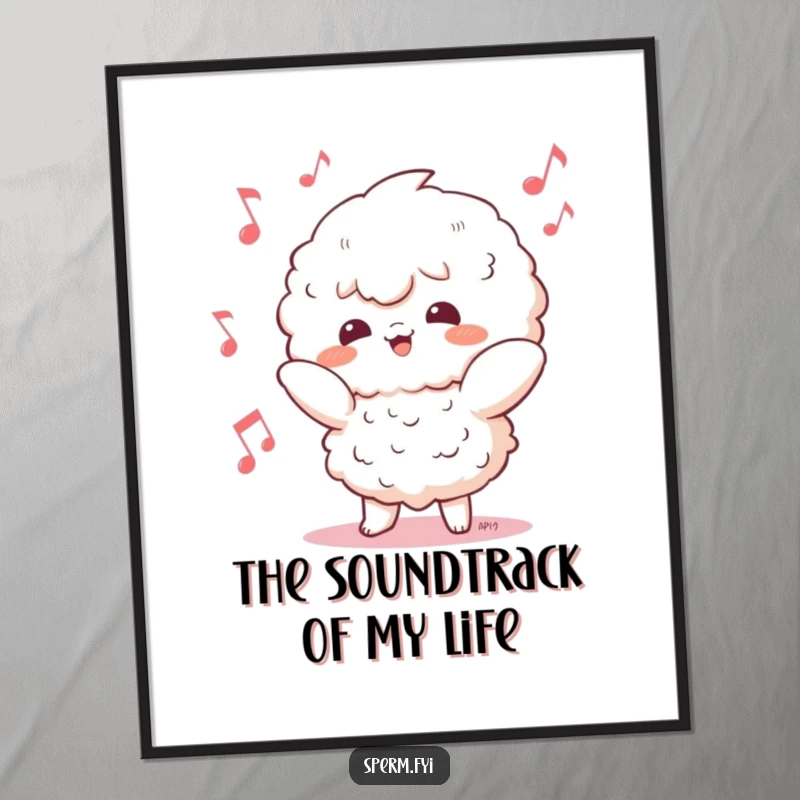 Funny Kawaii character poster capturing a whimsical dance with floating musical notes, bringing lively energy to any space.