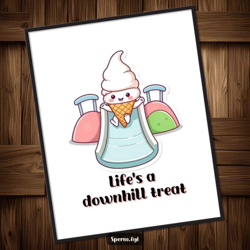 Funny Kawaii ice cream cone poster capturing a character's joyful slide down a colorful rainbow, bringing vibrant fun.