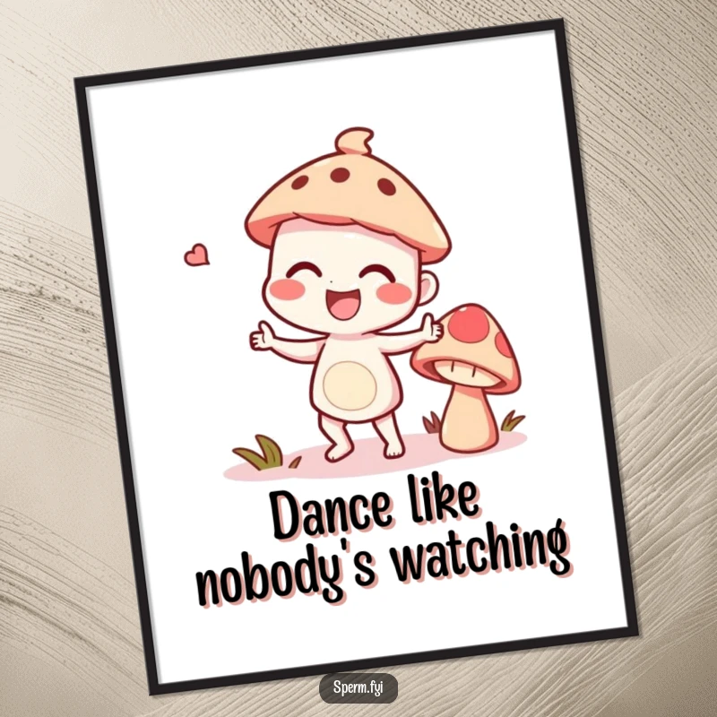 Funny giggling character doing a silly dance with a talking mushroom, as vibrant wall art.