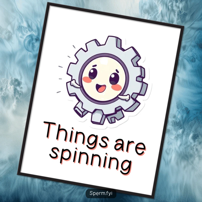Funny poster art of a playful gear character in a rapid, energetic spin, adding a humorous touch to walls.