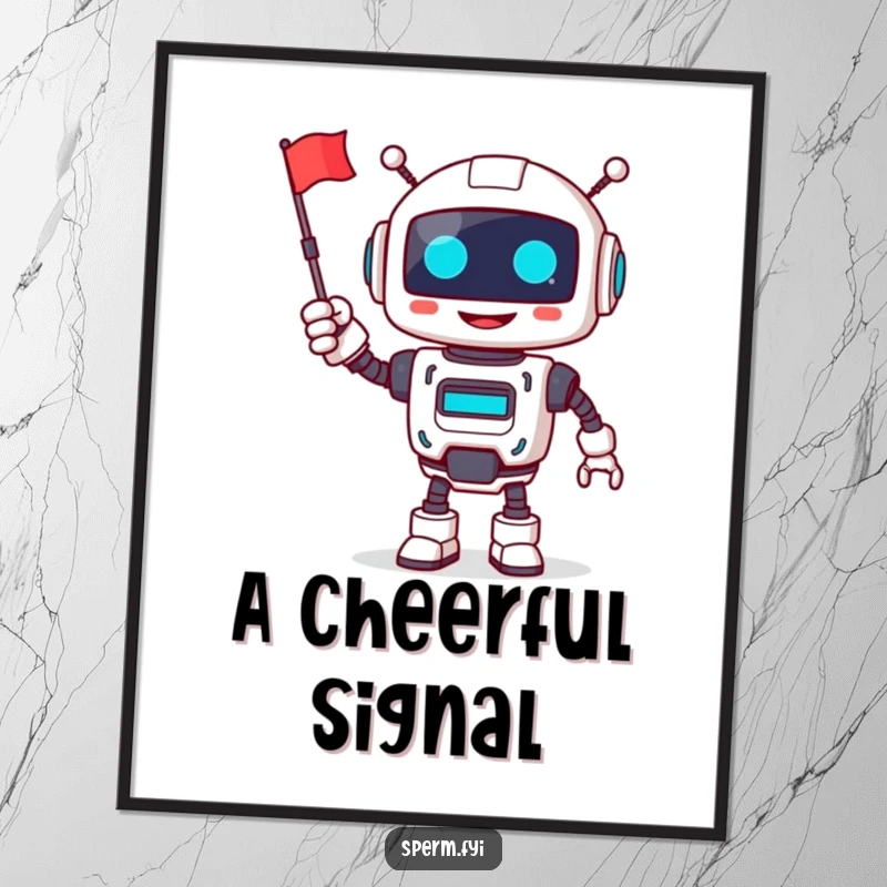 Funny robot poster, smiling, cheerfully waving a tiny flag, humorous wall art for tech enthusiasts.
