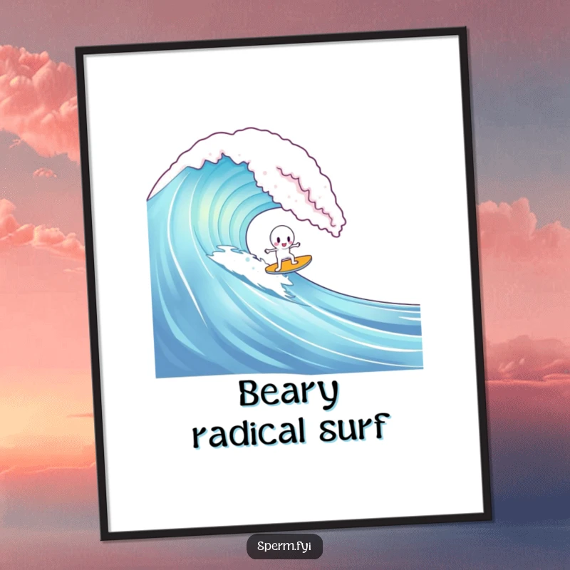 Funny poster depicting a sperm character attempting to surf on a giant gummy bear wave, capturing whimsical action.