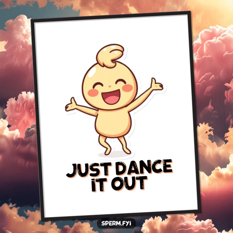 Funny poster art print of a happy smiley face character joyfully performing a silly dance, full of humor.