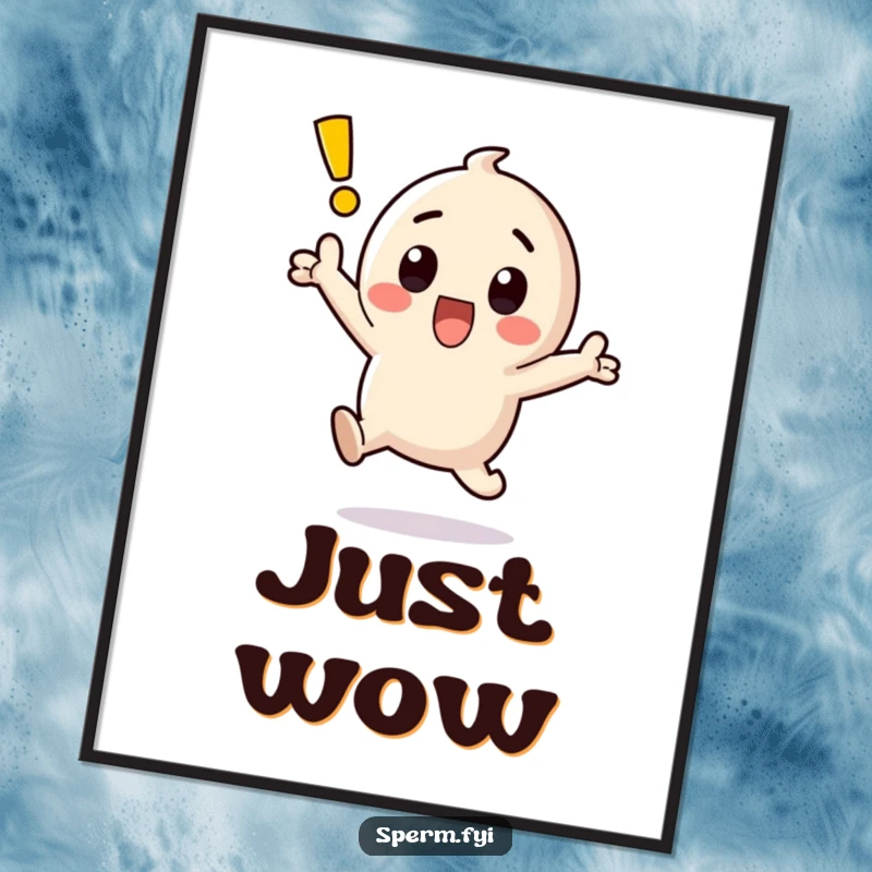 Funny kawaii exclamation point character leaping with surprise and wide eyes, high energy on a poster.