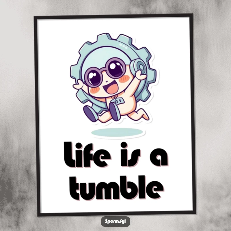 Funny poster capturing a quirky gear character in a dynamic, playful tumble, serving as energetic and humorous wall art.