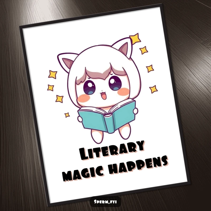 Funny surprised character with stars around its head, looking at a floating book, as enchanting wall art.