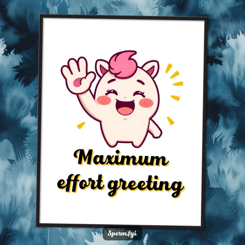 Funny Poster: A bright and cheerful character with a comically large, exaggerated waving hand, full of energy.