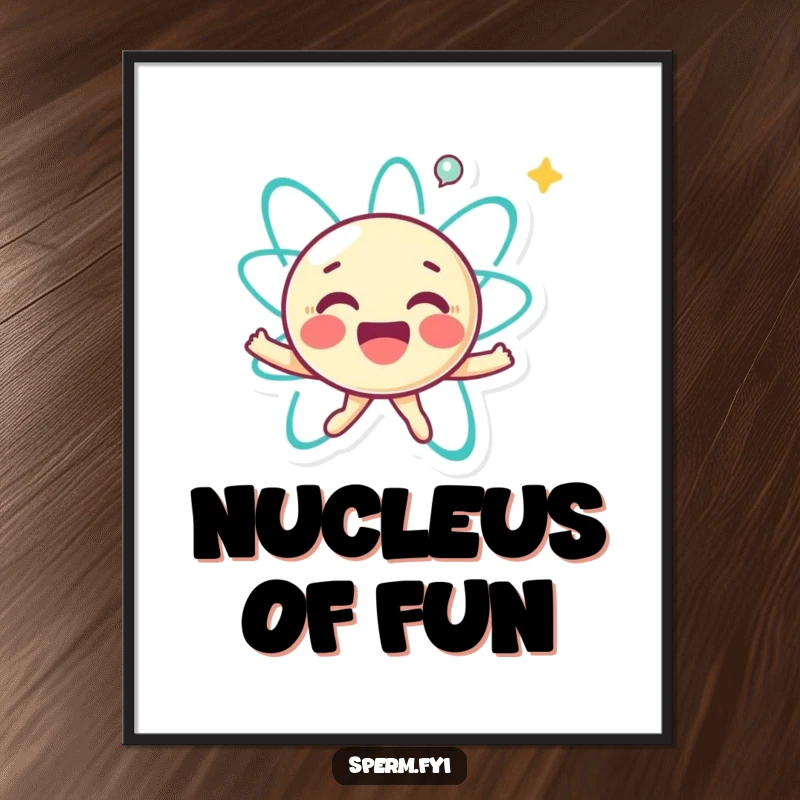 Funny poster art of a joyful little atom character happily spinning, adding energetic and positive vibes to decor.