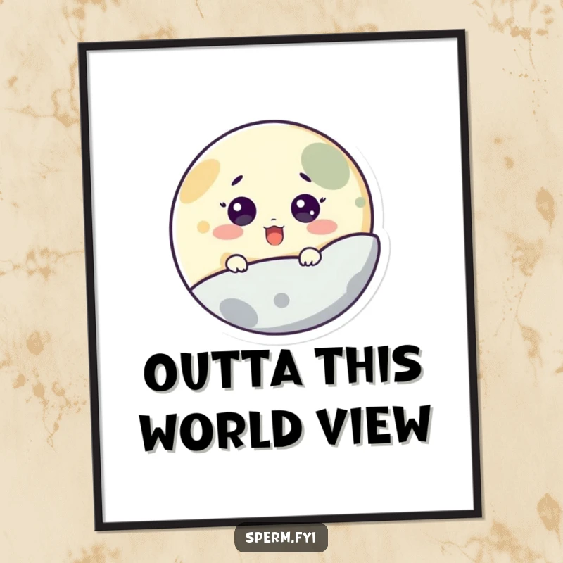 Funny poster art of a surprised little moon character peeking from behind a planet, adding whimsical charm to decor.