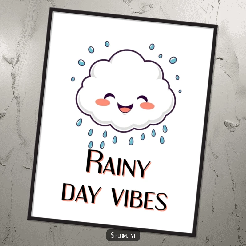 Funny poster art print of a giggling cloud character sprinkling joyful raindrops, adding humor and charm.