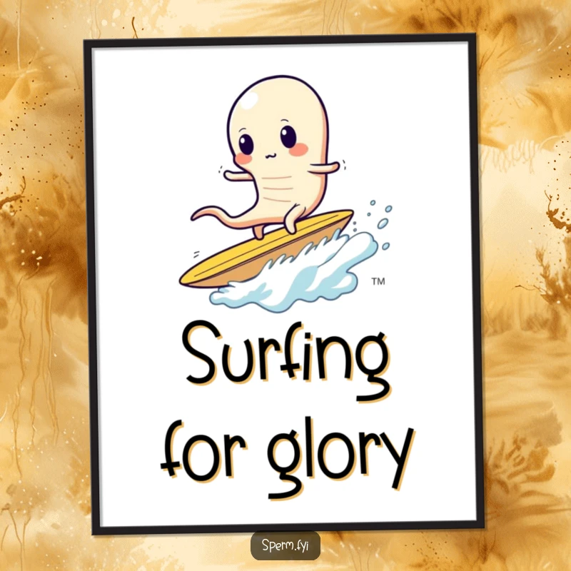 Funny sperm poster, depicted as wobbly while surfing a massive potato chip, snack art.