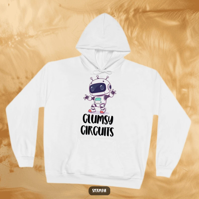 Funny Kawaii robot comically tripping over its own feet, featured on a warm hoodie, ideal for chilly days and warm laughs.