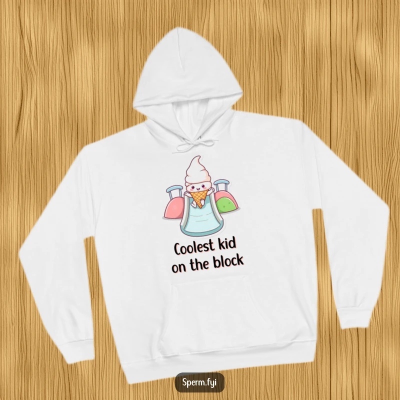 Funny Kawaii ice cream cone hoodie design featuring a happy character sliding down a vibrant slide, offering sweet comfort.