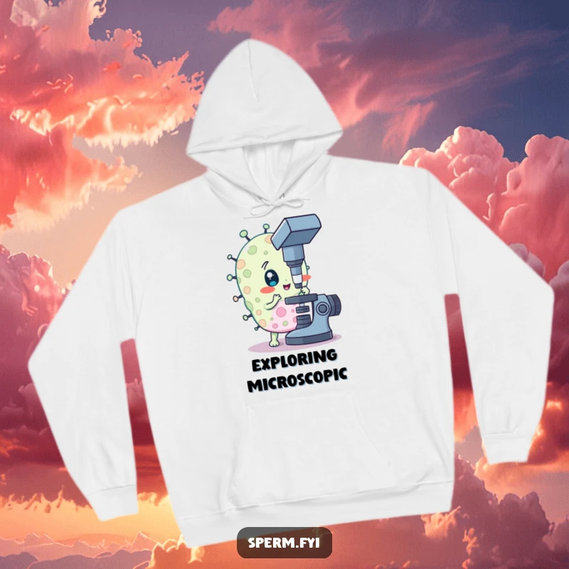 Funny hoodie featuring a curious bacteria character using a microscope, perfect for cozy exploration.