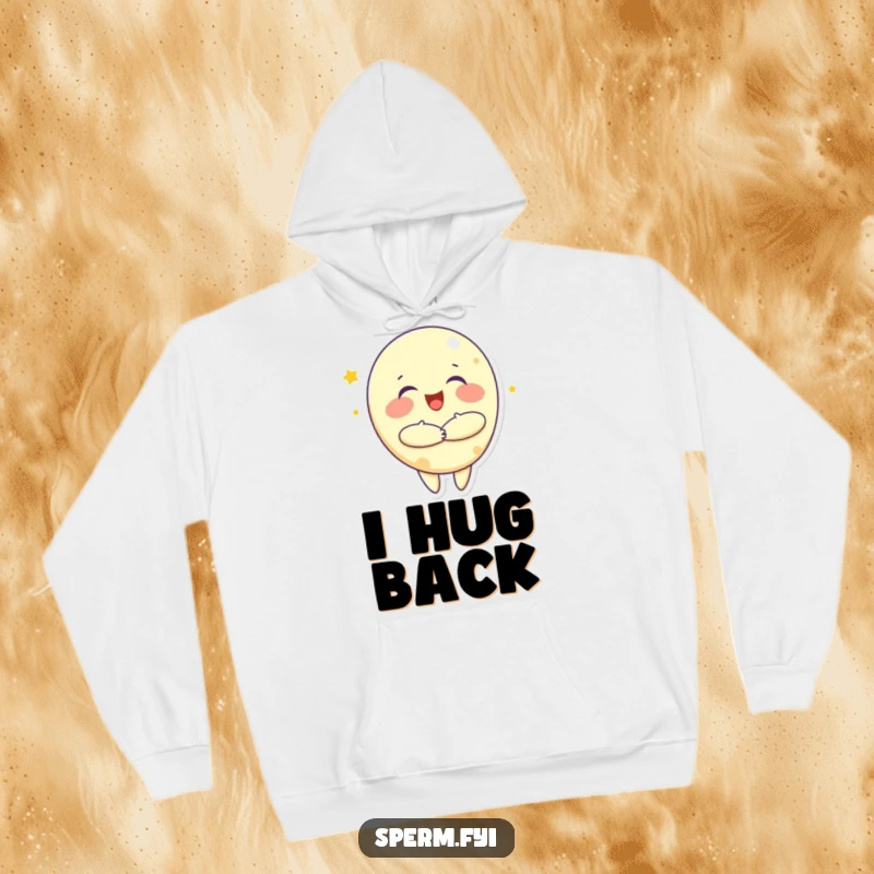 Funny hoodie with a happy moon character giving a large, inviting hug, designed for ultimate comfort and joyful expression.