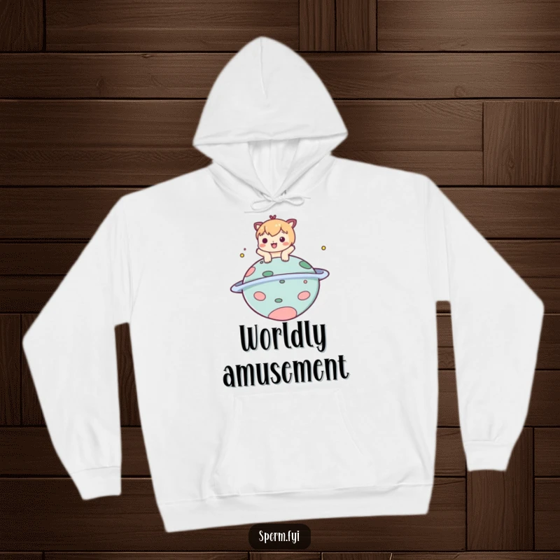 Funny hoodie with a playful character bopping a comical planet, perfect for cozy, humorous space exploration.