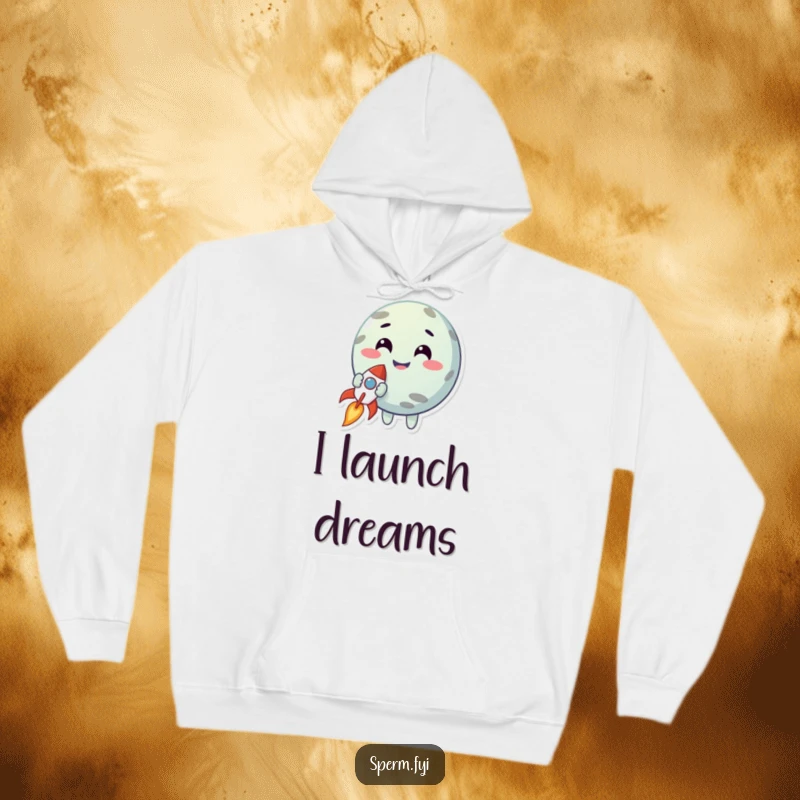 Funny hoodie with a smiling planet character holding a tiny rocket, offering warmth and a symbol of cosmic ambition.
