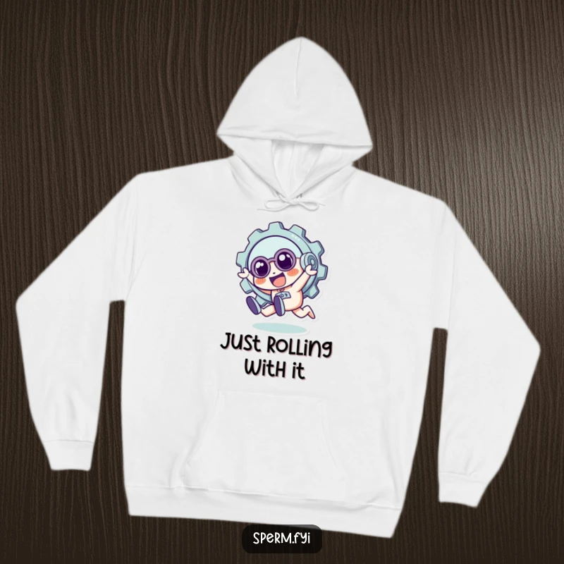 Funny, comfortable hoodie featuring a quirky gear character executing a playful tumble, ideal for warmth and humorous appeal.