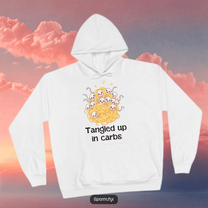 Funny hoodie featuring sperm characters hilariously ensnared in a giant spaghetti noodle, offering comfort and quirky humor.