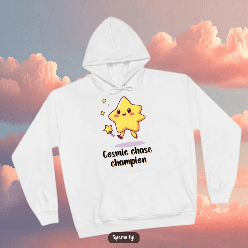 Funny hoodie featuring a star character playing tag with a comet, offering comfort and a hilarious galactic scene.