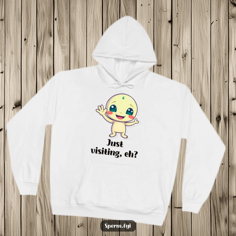 Funny hoodie displaying a playful alien character waving with a wide grin, exuding cheerful extraterrestrial energy.