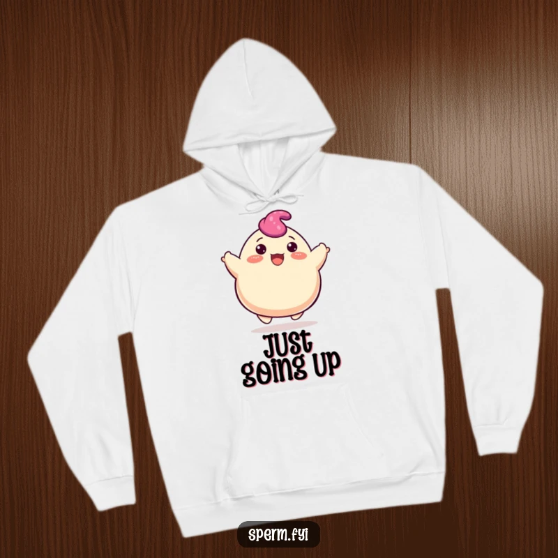 Funny blob hoodie showing a happy character cheerfully bouncing upwards, radiating positive energy and comfort.