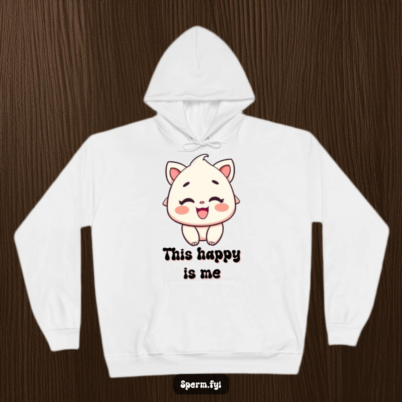 Funny Hoodie: A character radiating happiness with rosy cheeks and a wide, joyful smile, super cozy.