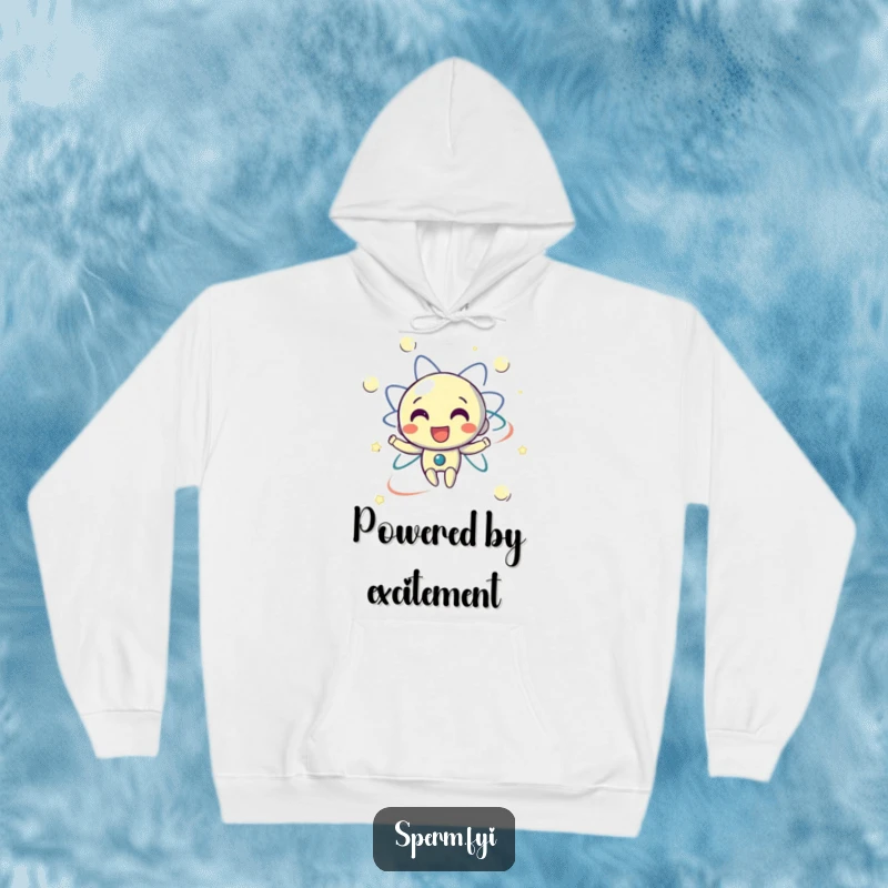 Funny hoodie featuring a delighted electron character in a cheerful orbit, perfect for cozying up with scientific humor.