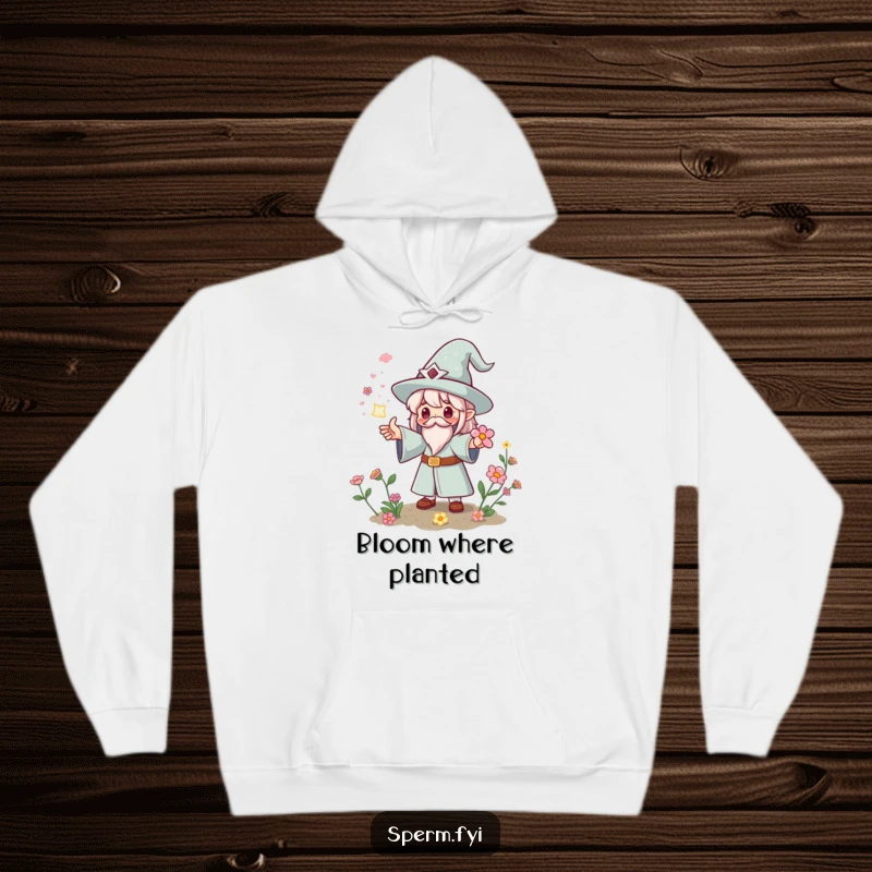Funny Kawaii wizard hoodie casting a spell for instant flowers, cozy and a perfect funny gift.