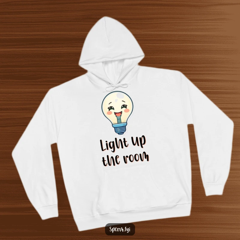 Funny hoodie depicting a delighted lightbulb character glowing brightly, radiating warmth, intelligence, and positive energy.