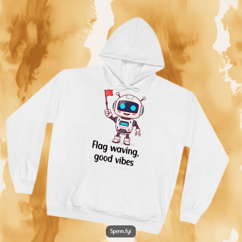 Funny robot hoodie, smiling, cheerfully waving a tiny flag, cozy and full of mechanical cheer.