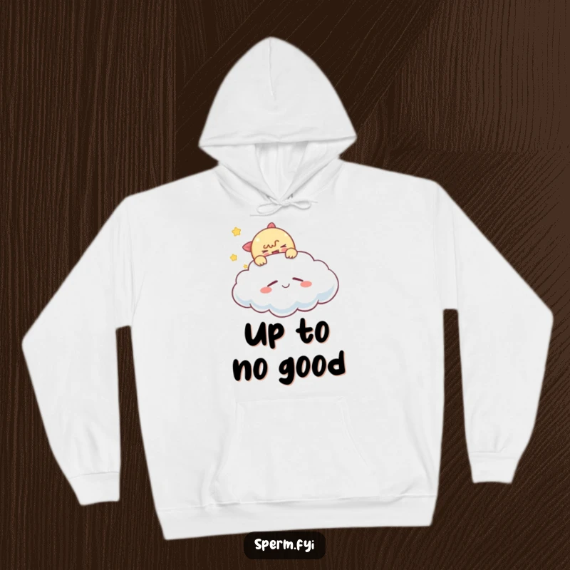Funny tickling cloud hoodie, a mischievous character tickling a sleeping cloud, cozy and humorous for casual wear.