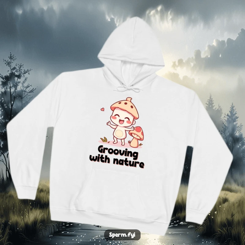 Funny giggling character doing a silly dance with a talking mushroom, on a cozy hoodie.