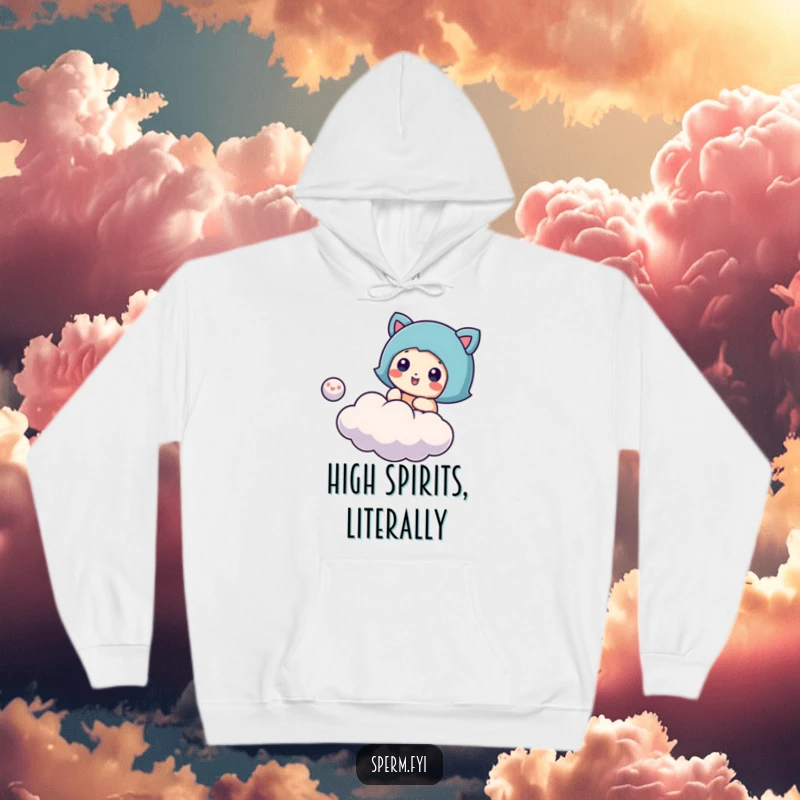 Funny cloud bouncing hoodie, a character joyfully playing with a tiny cloud, ideal for cozy, whimsical wear.