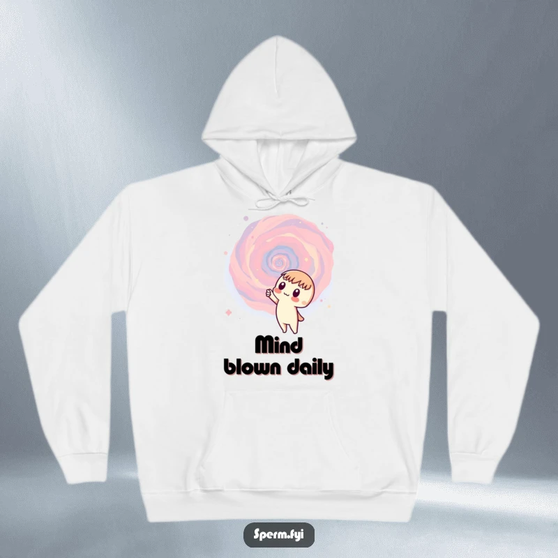 Funny galaxy hoodie with a curious character pointing at a swirling galaxy, perfect for cozy, astronomical contemplation.